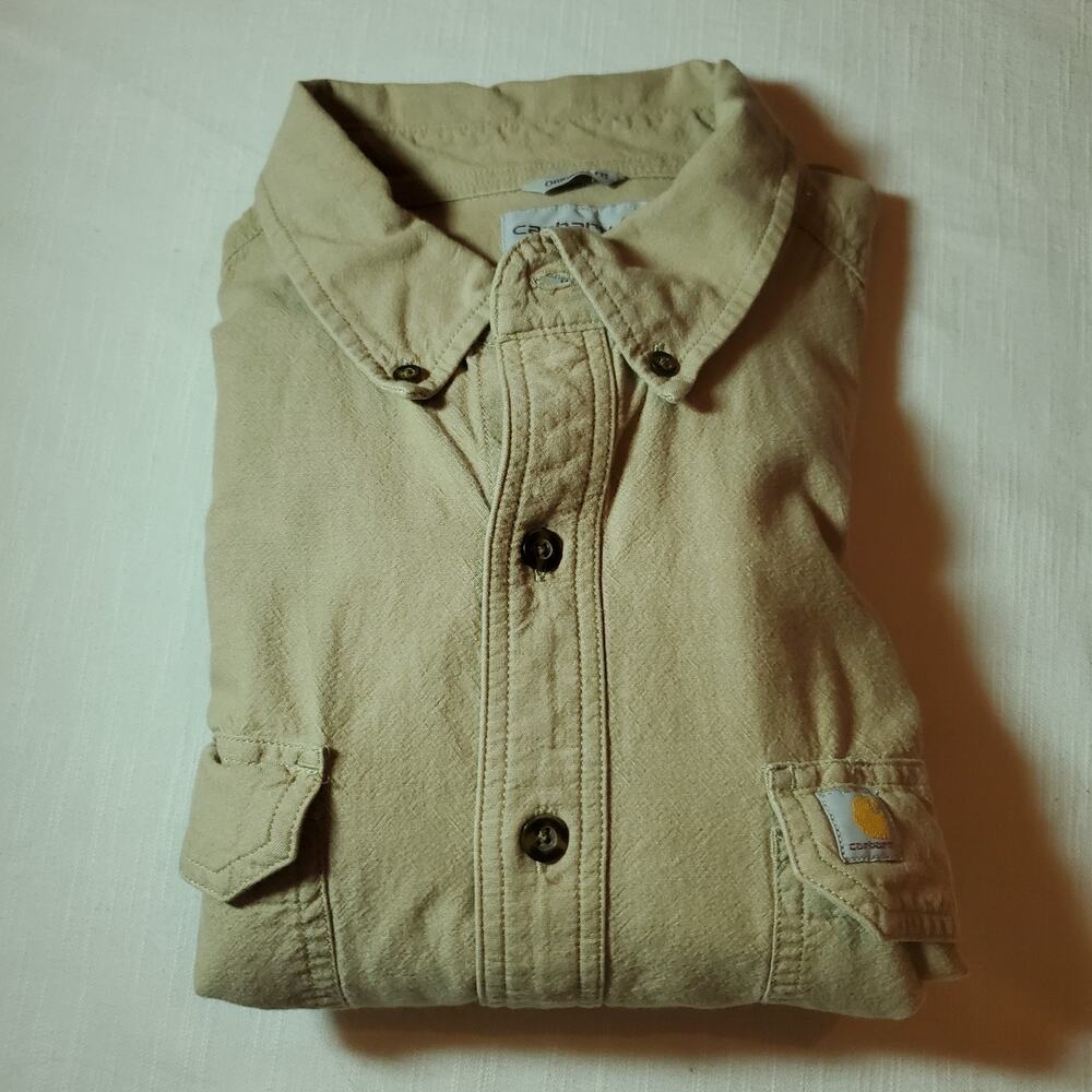 Carhartt Mens Shirt XLT XL Tall Beige Long Sleeve Button Down Cotton Casual Work